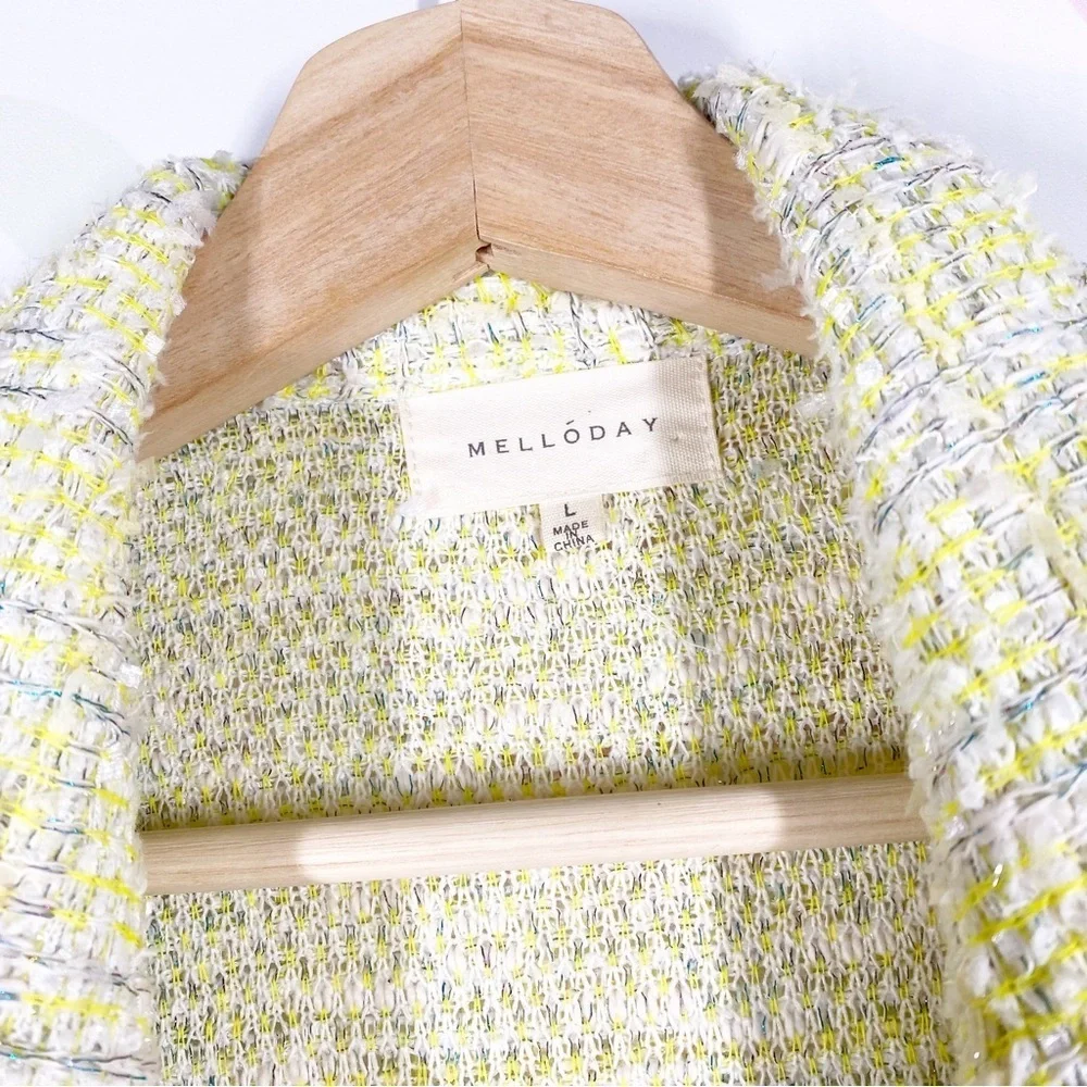 Melloday Yellow Silver Metallic Textured Open Front Longline Duster Jacket L
